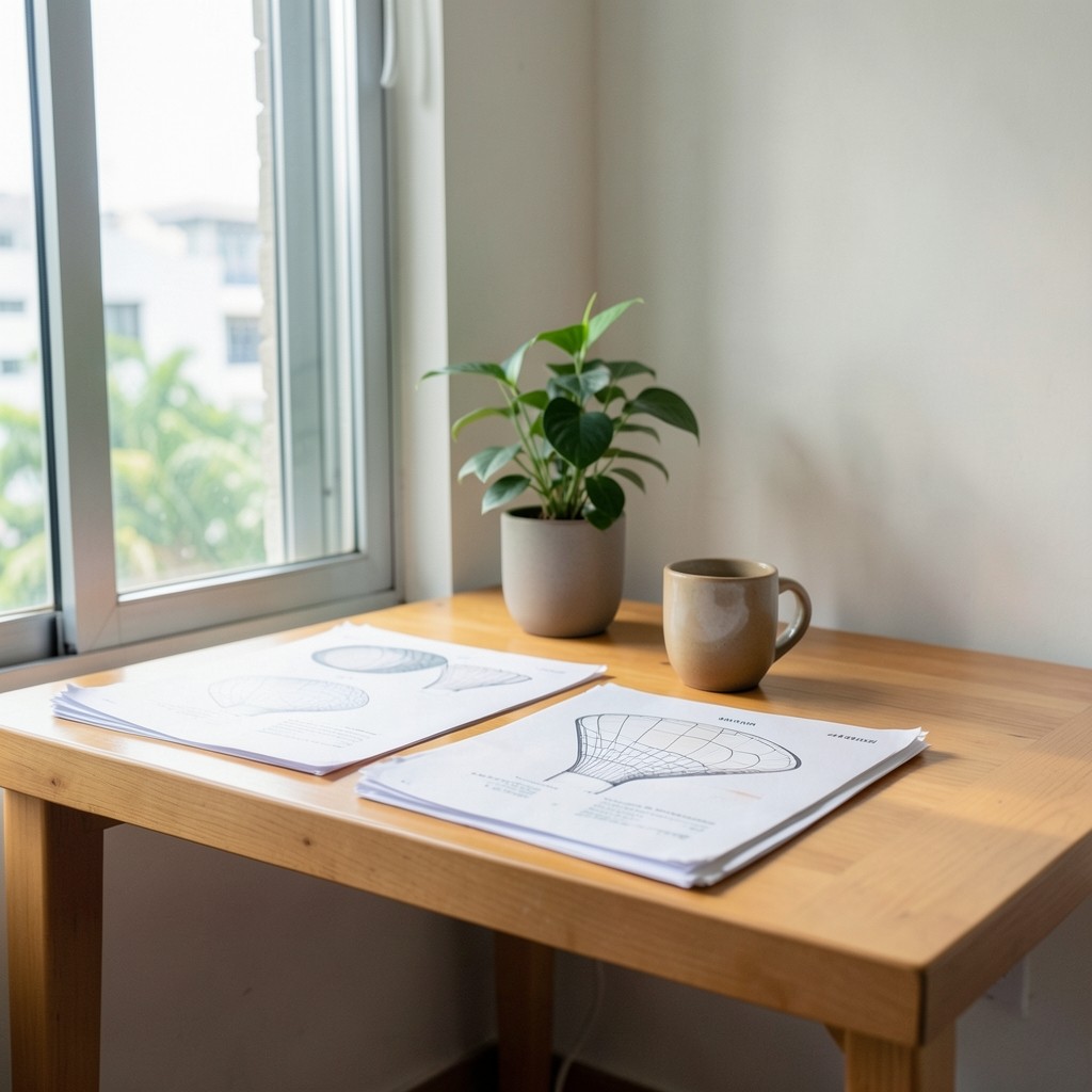 Seller reviewing printed Shopee funnel figures at a desk near a window
