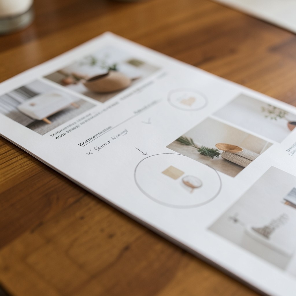 Printed product catalogue pages with a shortlist of SKUs circled in pencil