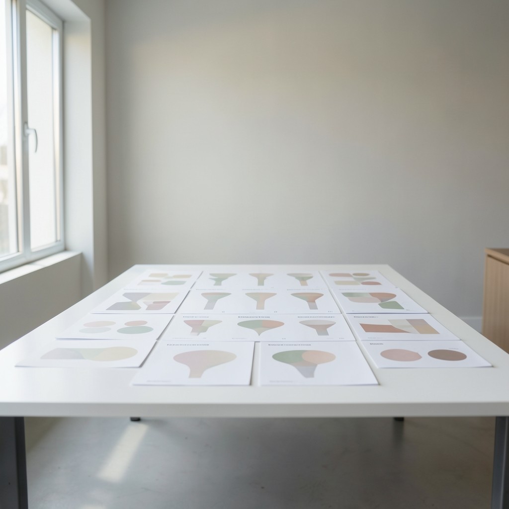 Analyst arranging printed funnel charts for a marketplace reporting cycle