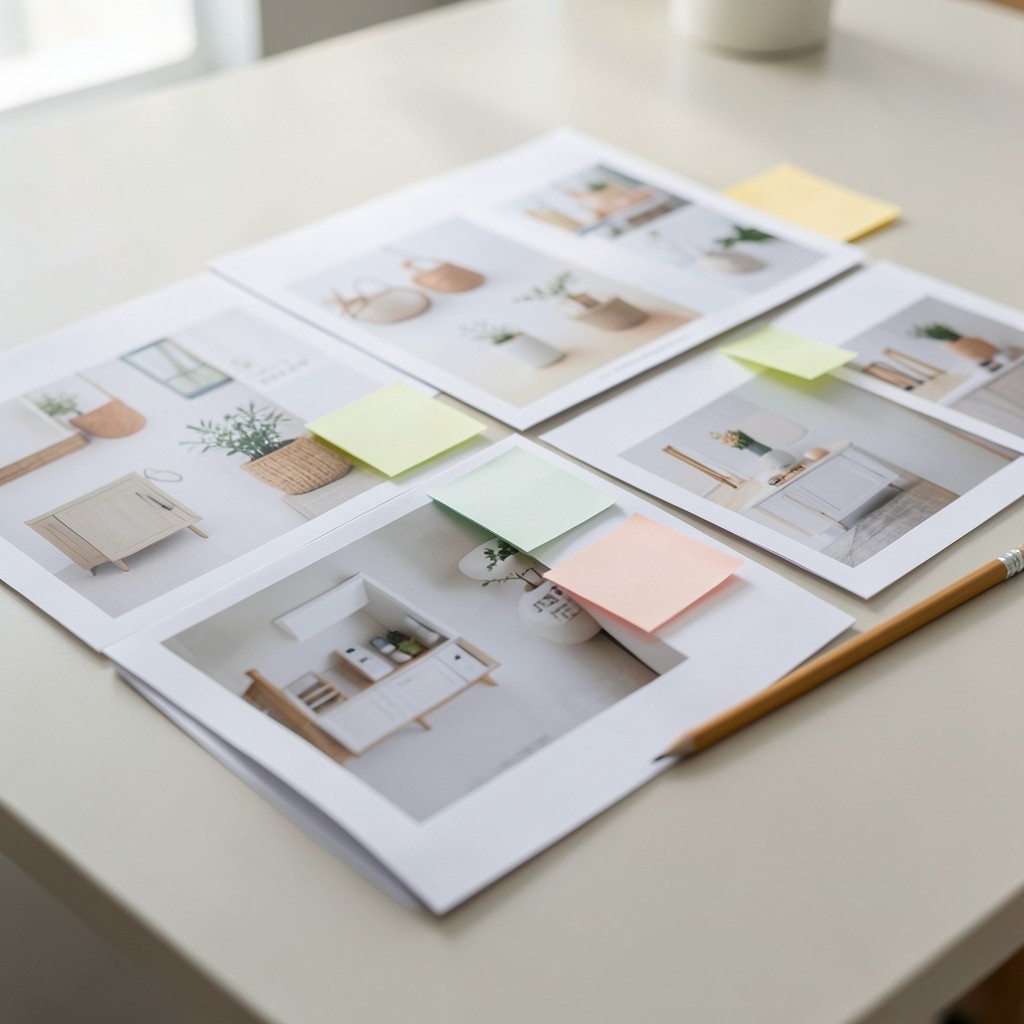 Product listings printed and annotated during a seller clinic session