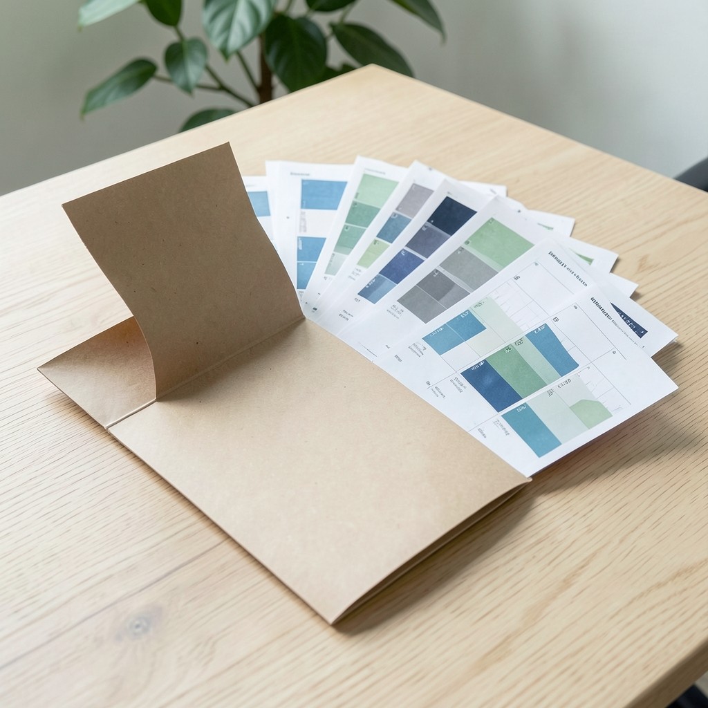 Monthly conversion reporting folder with charts laid out on a wooden table